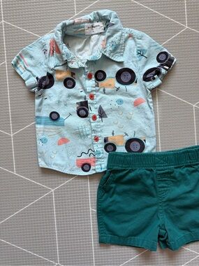 Mud Kingdom|Baby boy/toddler summer set,Aqua Button down car print & teal short•